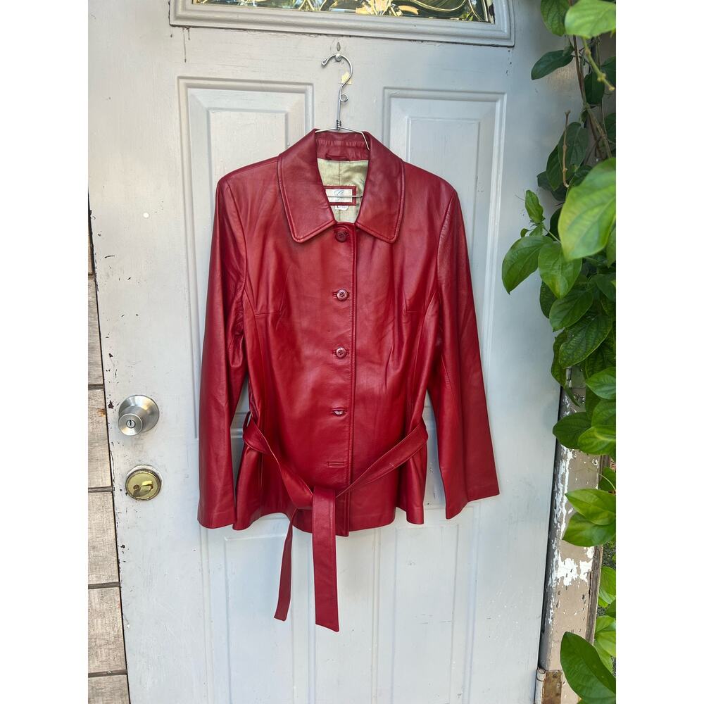 Red belted leather jacket